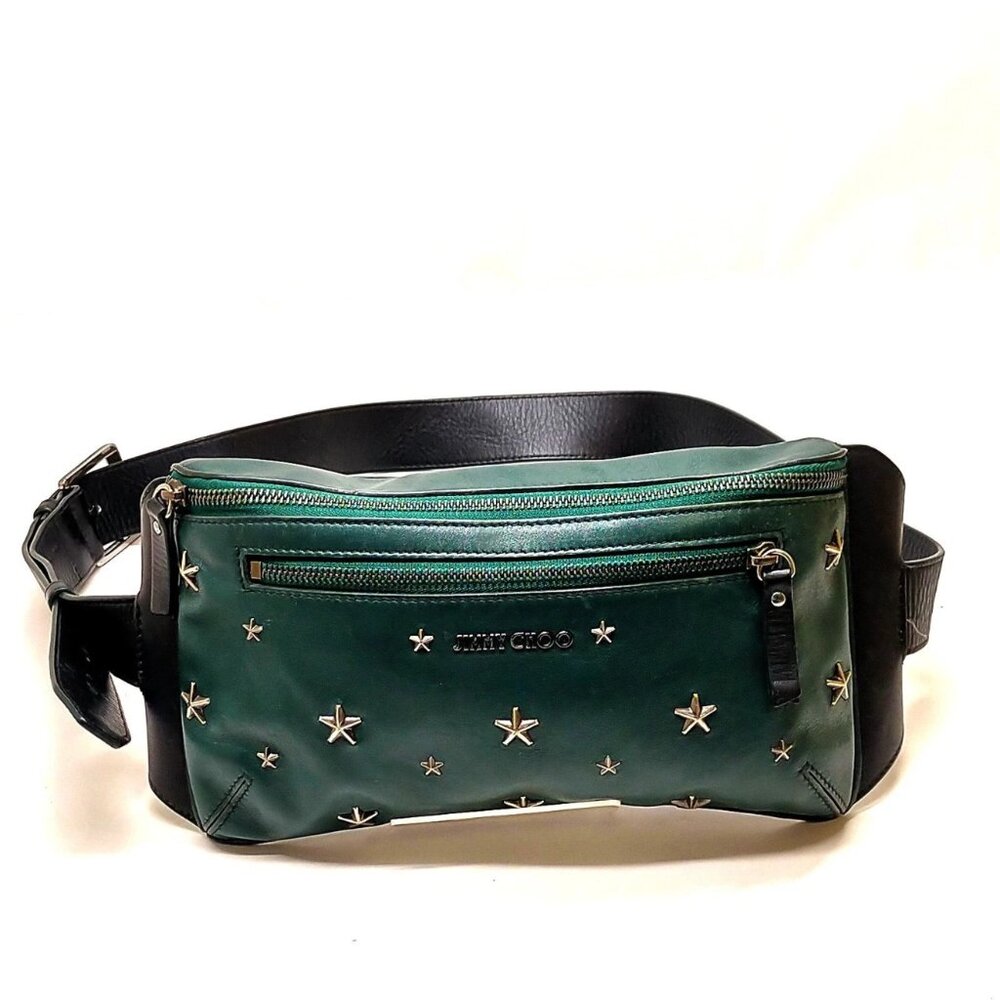 $1369 Authentic JIMMY CHOO Made in ITALY Unisex Green Leather Crossbody Bag